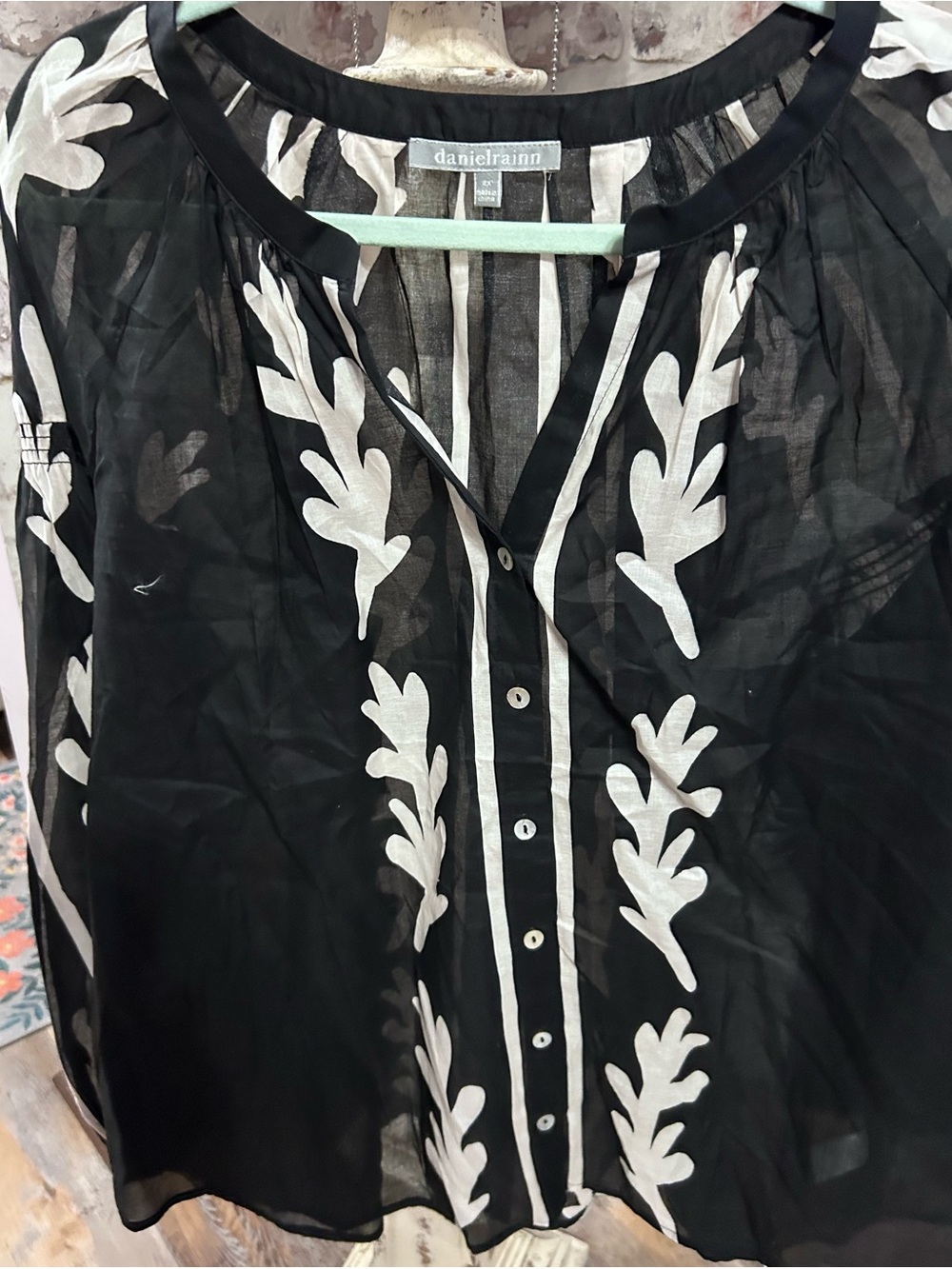 Daniel Rainn Black Shirt with White Leaf Embroidery